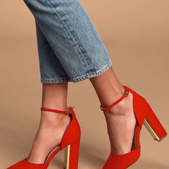 Lulus Laura Red Suede Ankle Strap Heels - Size 7.5 - Picture 1 of 1